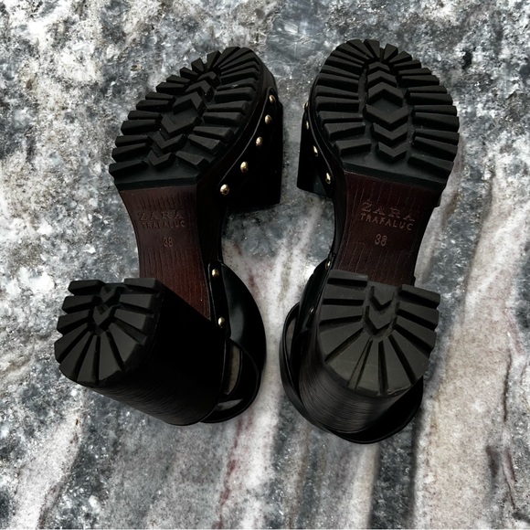 ZARA Anklestrap Wooden Clogs Black LEATHER SANDALS with Studs Size 38 - Picture 10 of 11